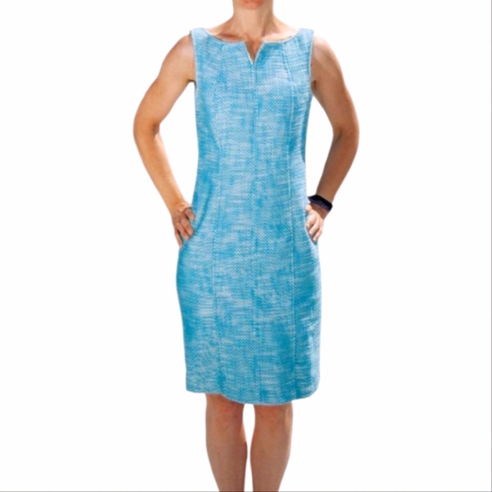 Talbots Blue White Textured Sleeveless Sheath Dress V-Neck Business‎ Casual Work